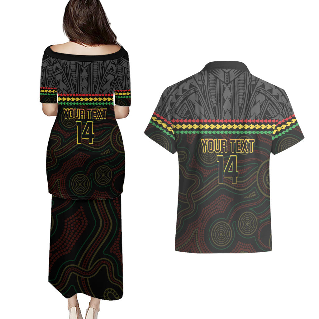 Penrith Panthers Rugby Custom Couples Matching Puletasi and Hawaiian Shirt 60 Years Anniversary Black Polynesian Aboriginal Art