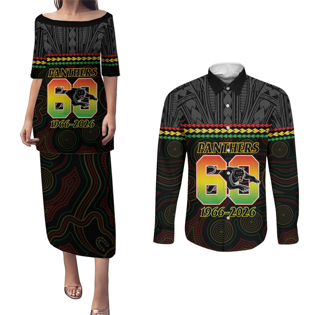 Penrith Panthers Rugby Custom Couples Matching Puletasi and Long Sleeve Button Shirt 60 Years Anniversary Black Polynesian Aboriginal Art