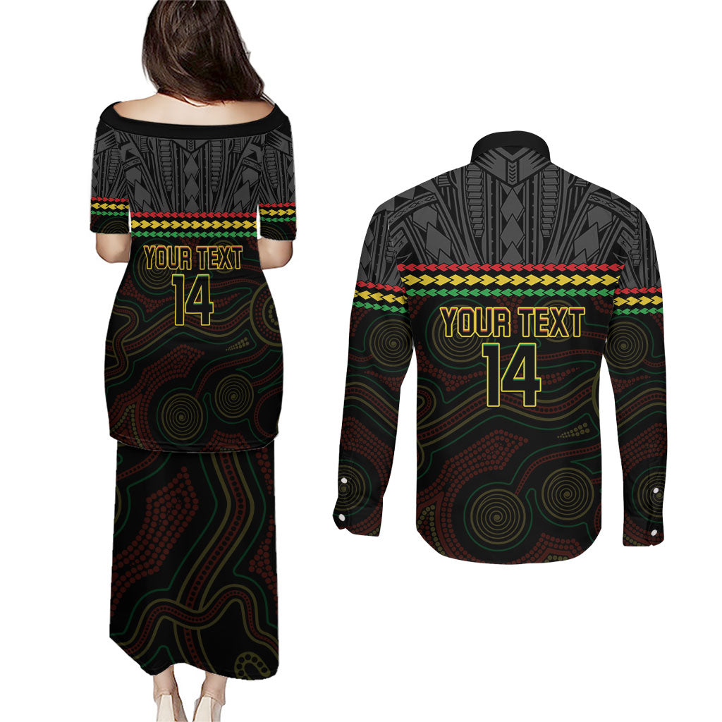 Penrith Panthers Rugby Custom Couples Matching Puletasi and Long Sleeve Button Shirt 60 Years Anniversary Black Polynesian Aboriginal Art