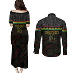 Penrith Panthers Rugby Custom Couples Matching Puletasi and Long Sleeve Button Shirt 60 Years Anniversary Black Polynesian Aboriginal Art