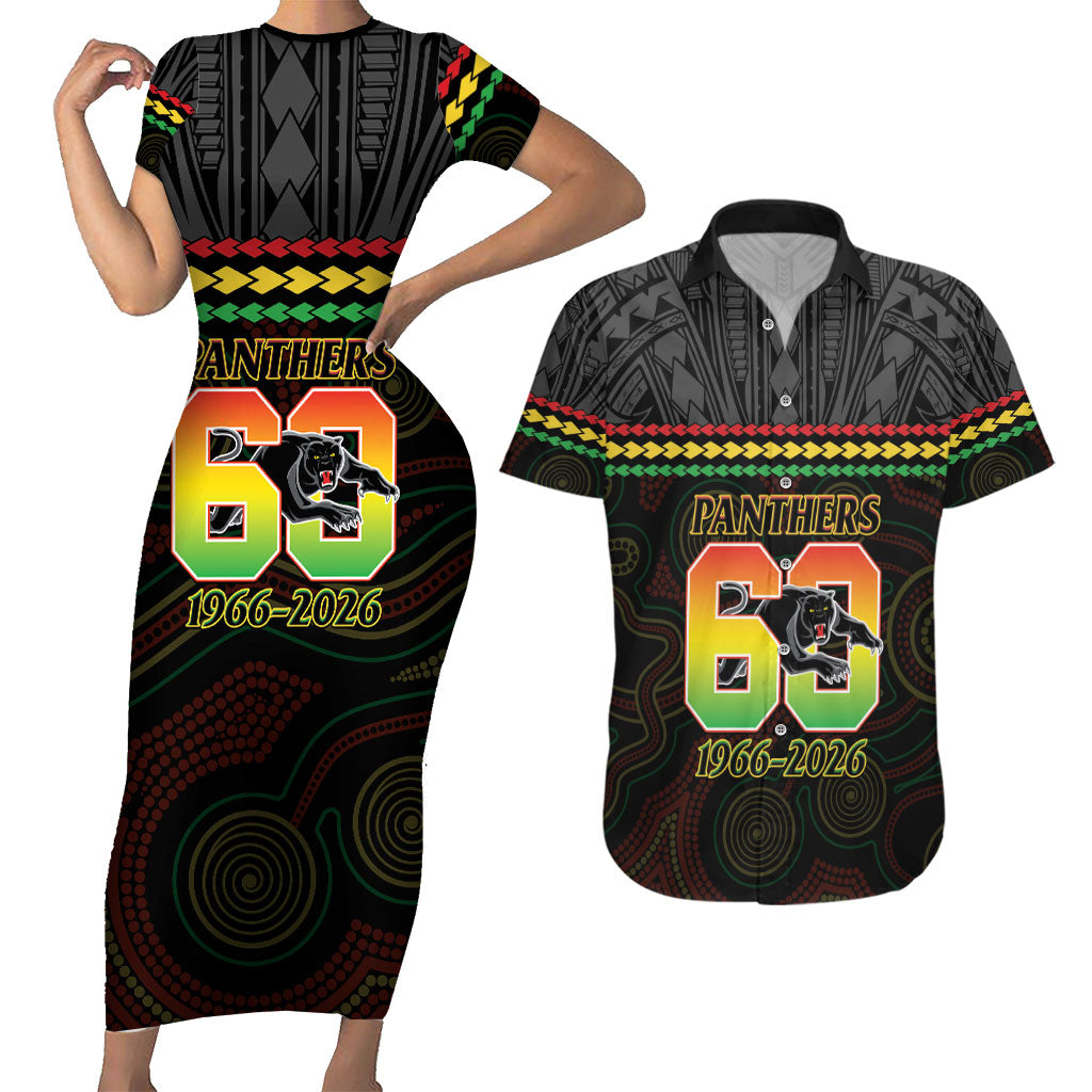 Penrith Panthers Rugby Custom Couples Matching Short Sleeve Bodycon Dress and Hawaiian Shirt 60 Years Anniversary Black Polynesian Aboriginal Art