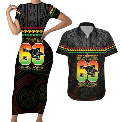 Penrith Panthers Rugby Custom Couples Matching Short Sleeve Bodycon Dress and Hawaiian Shirt 60 Years Anniversary Black Polynesian Aboriginal Art