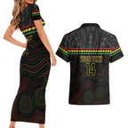 Penrith Panthers Rugby Custom Couples Matching Short Sleeve Bodycon Dress and Hawaiian Shirt 60 Years Anniversary Black Polynesian Aboriginal Art