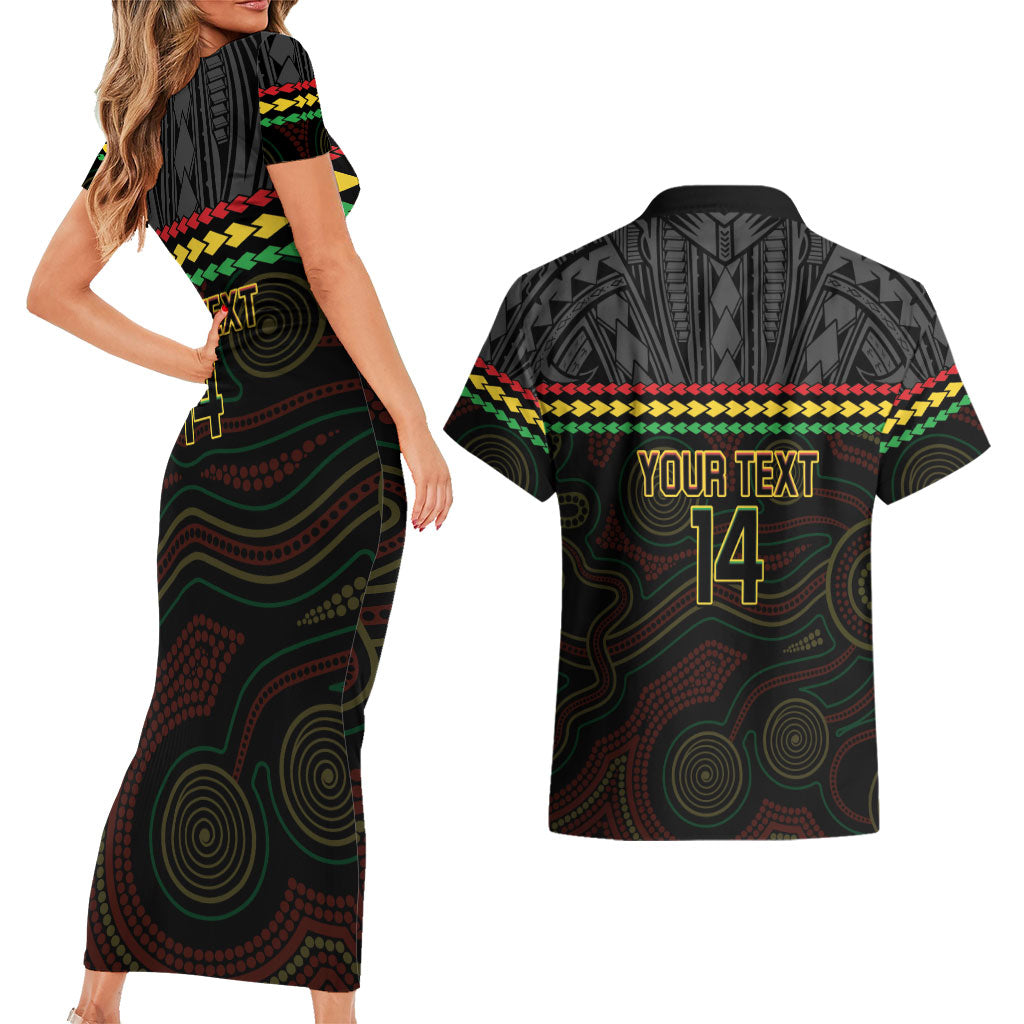 Penrith Panthers Rugby Custom Couples Matching Short Sleeve Bodycon Dress and Hawaiian Shirt 60 Years Anniversary Black Polynesian Aboriginal Art