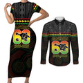 Penrith Panthers Rugby Custom Couples Matching Short Sleeve Bodycon Dress and Long Sleeve Button Shirt 60 Years Anniversary Black Polynesian Aboriginal Art