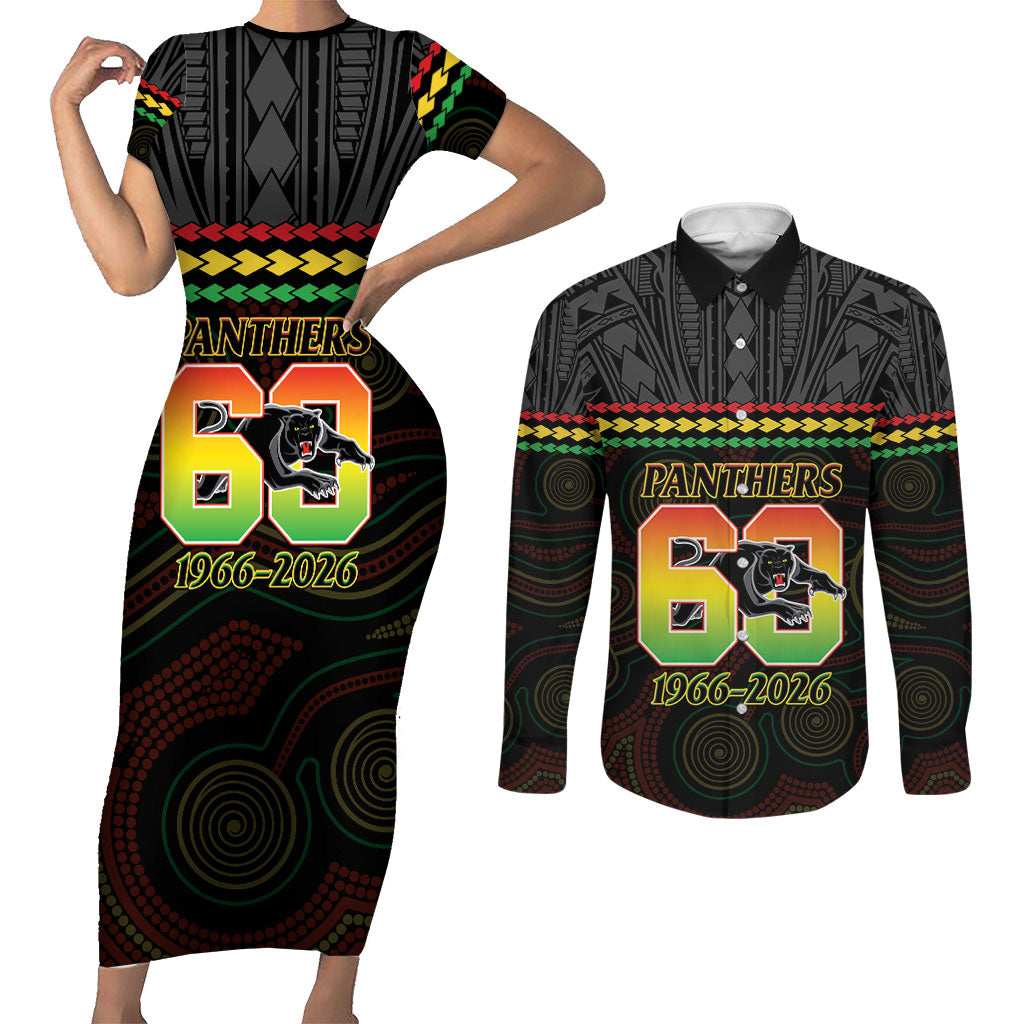 Penrith Panthers Rugby Custom Couples Matching Short Sleeve Bodycon Dress and Long Sleeve Button Shirt 60 Years Anniversary Black Polynesian Aboriginal Art