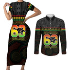 Penrith Panthers Rugby Custom Couples Matching Short Sleeve Bodycon Dress and Long Sleeve Button Shirt 60 Years Anniversary Black Polynesian Aboriginal Art