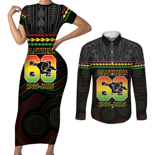 Penrith Panthers Rugby Custom Couples Matching Short Sleeve Bodycon Dress and Long Sleeve Button Shirt 60 Years Anniversary Black Polynesian Aboriginal Art
