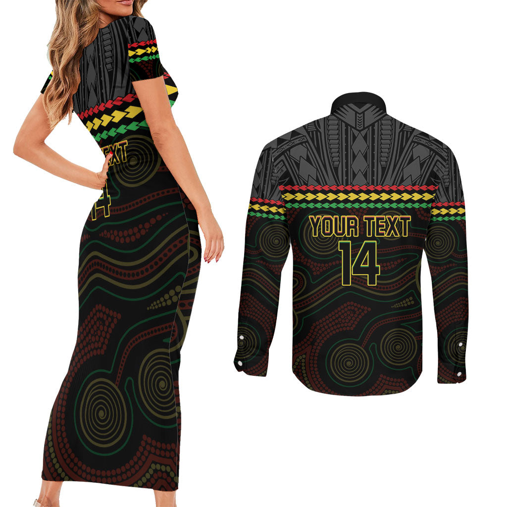 Penrith Panthers Rugby Custom Couples Matching Short Sleeve Bodycon Dress and Long Sleeve Button Shirt 60 Years Anniversary Black Polynesian Aboriginal Art