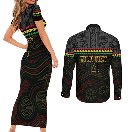 Penrith Panthers Rugby Custom Couples Matching Short Sleeve Bodycon Dress and Long Sleeve Button Shirt 60 Years Anniversary Black Polynesian Aboriginal Art