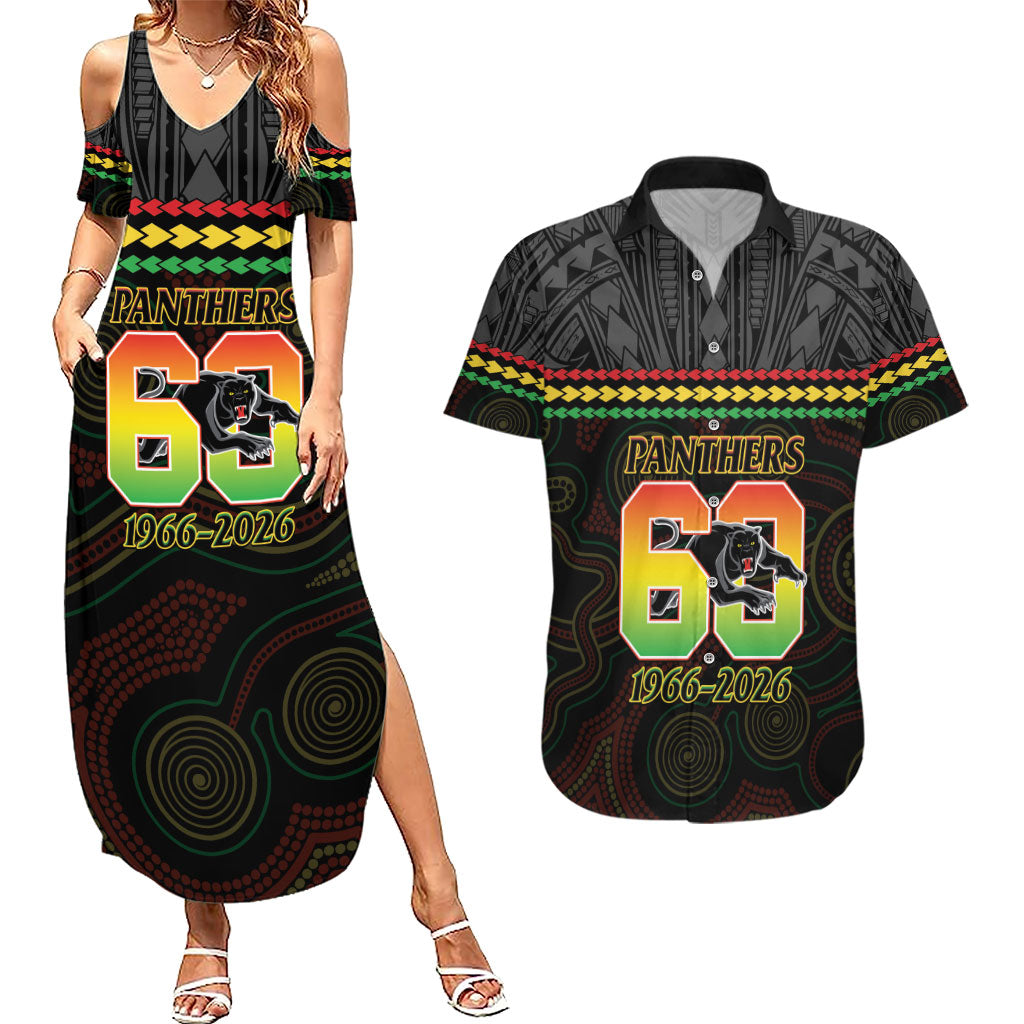 Penrith Panthers Rugby Custom Couples Matching Summer Maxi Dress and Hawaiian Shirt 60 Years Anniversary Black Polynesian Aboriginal Art