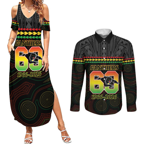 Penrith Panthers Rugby Custom Couples Matching Summer Maxi Dress and Long Sleeve Button Shirt 60 Years Anniversary Black Polynesian Aboriginal Art