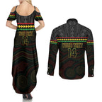 Penrith Panthers Rugby Custom Couples Matching Summer Maxi Dress and Long Sleeve Button Shirt 60 Years Anniversary Black Polynesian Aboriginal Art