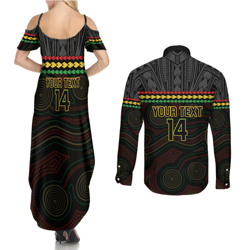 Penrith Panthers Rugby Custom Couples Matching Summer Maxi Dress and Long Sleeve Button Shirt 60 Years Anniversary Black Polynesian Aboriginal Art