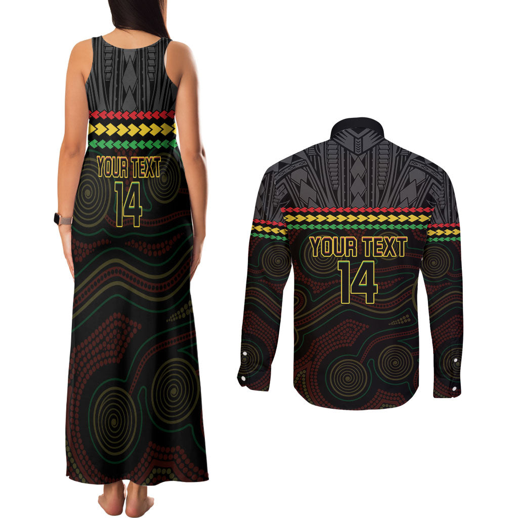 Penrith Panthers Rugby Custom Couples Matching Tank Maxi Dress and Long Sleeve Button Shirt 60 Years Anniversary Black Polynesian Aboriginal Art