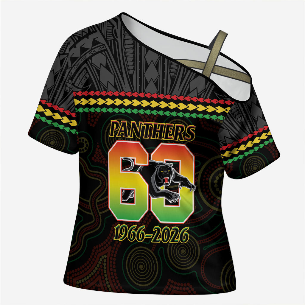 Penrith Panthers Rugby Custom Cross Shoulder Shirt 60 Years Anniversary Black Polynesian Aboriginal Art