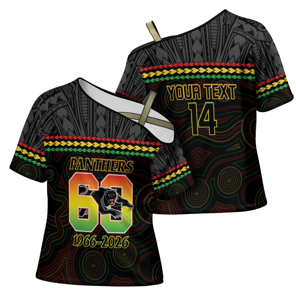 Penrith Panthers Rugby Custom Cross Shoulder Shirt 60 Years Anniversary Black Polynesian Aboriginal Art