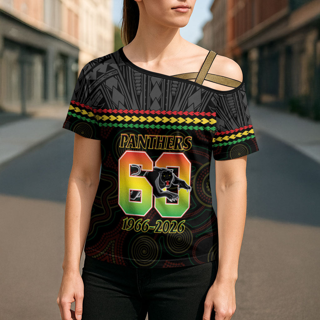 Penrith Panthers Rugby Custom Cross Shoulder Shirt 60 Years Anniversary Black Polynesian Aboriginal Art