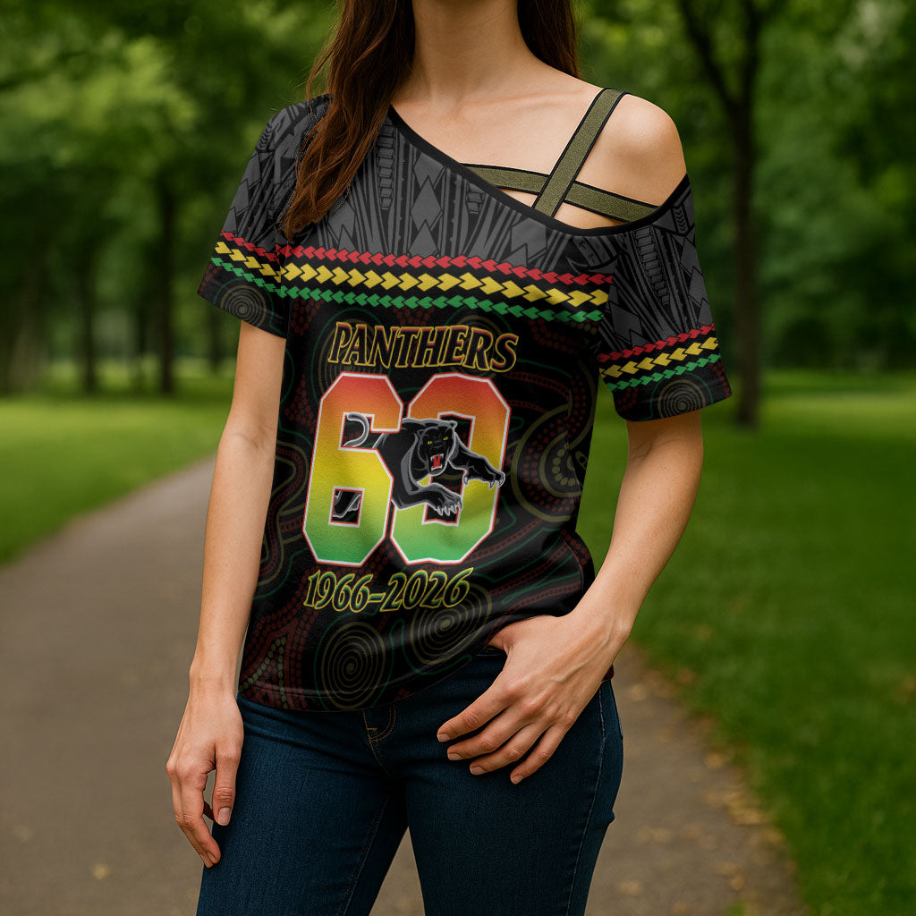 Penrith Panthers Rugby Custom Cross Shoulder Shirt 60 Years Anniversary Black Polynesian Aboriginal Art