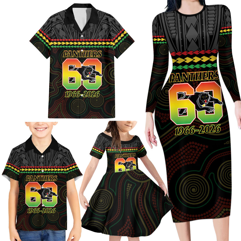 Penrith Panthers Rugby Custom Family Matching Long Sleeve Bodycon Dress and Hawaiian Shirt 60 Years Anniversary Black Polynesian Aboriginal Art