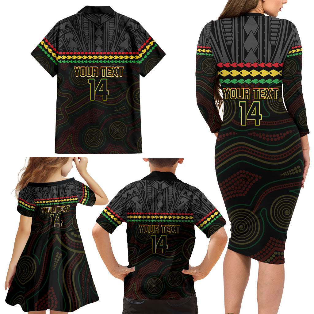 Penrith Panthers Rugby Custom Family Matching Long Sleeve Bodycon Dress and Hawaiian Shirt 60 Years Anniversary Black Polynesian Aboriginal Art