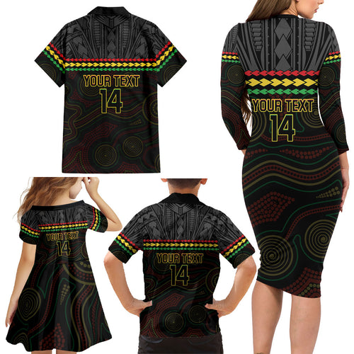Penrith Panthers Rugby Custom Family Matching Long Sleeve Bodycon Dress and Hawaiian Shirt 60 Years Anniversary Black Polynesian Aboriginal Art