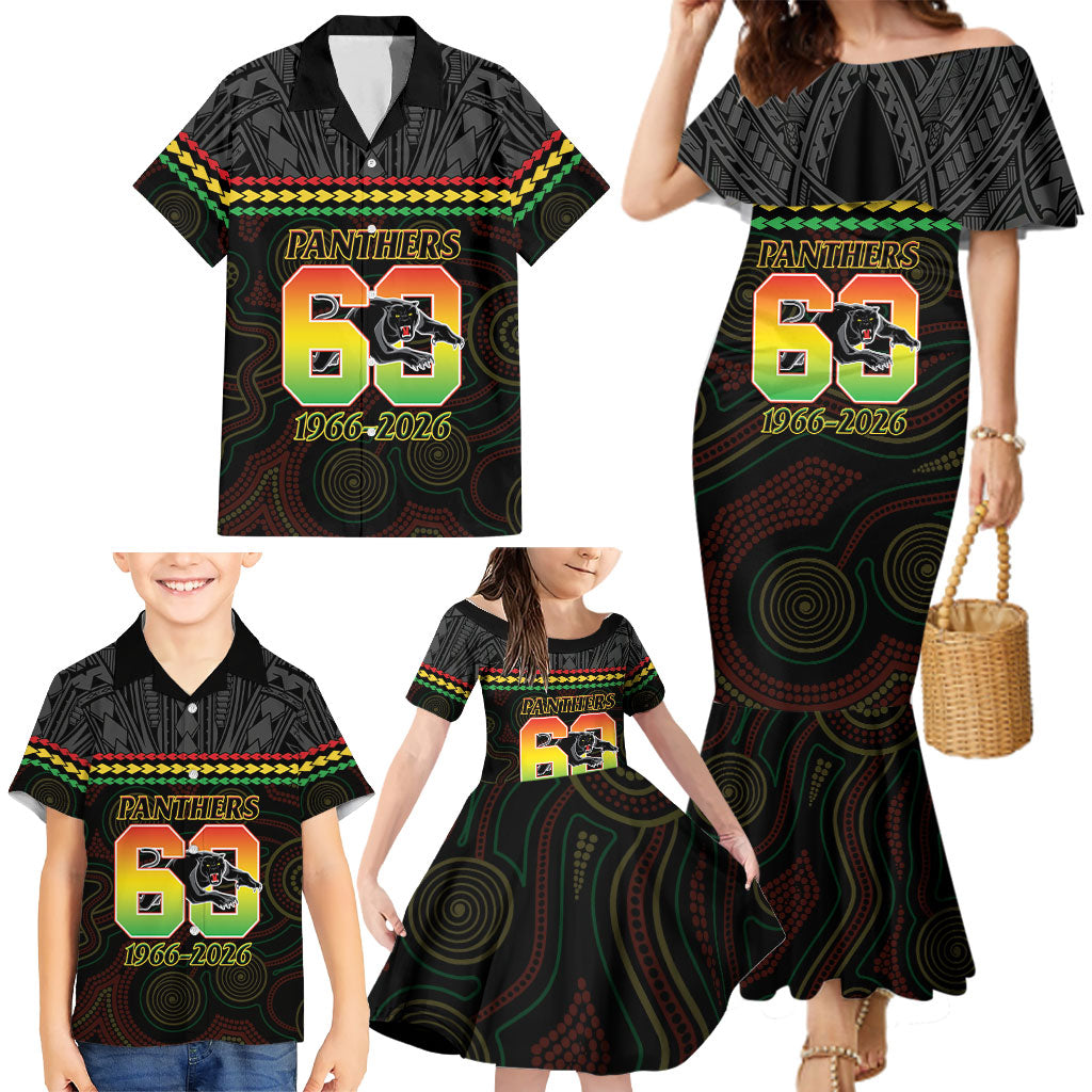 Penrith Panthers Rugby Custom Family Matching Mermaid Dress and Hawaiian Shirt 60 Years Anniversary Black Polynesian Aboriginal Art