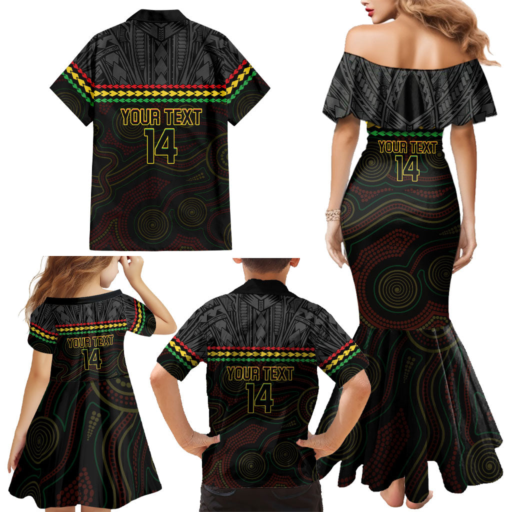 Penrith Panthers Rugby Custom Family Matching Mermaid Dress and Hawaiian Shirt 60 Years Anniversary Black Polynesian Aboriginal Art