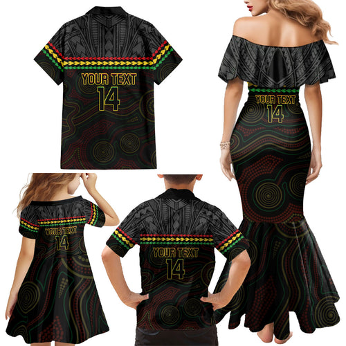 Penrith Panthers Rugby Custom Family Matching Mermaid Dress and Hawaiian Shirt 60 Years Anniversary Black Polynesian Aboriginal Art