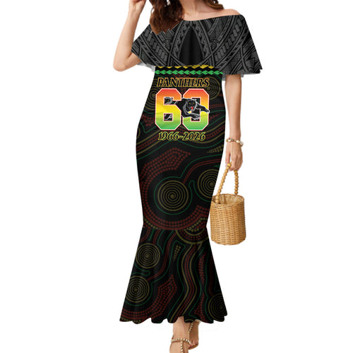 Penrith Panthers Rugby Custom Family Matching Mermaid Dress and Hawaiian Shirt 60 Years Anniversary Black Polynesian Aboriginal Art