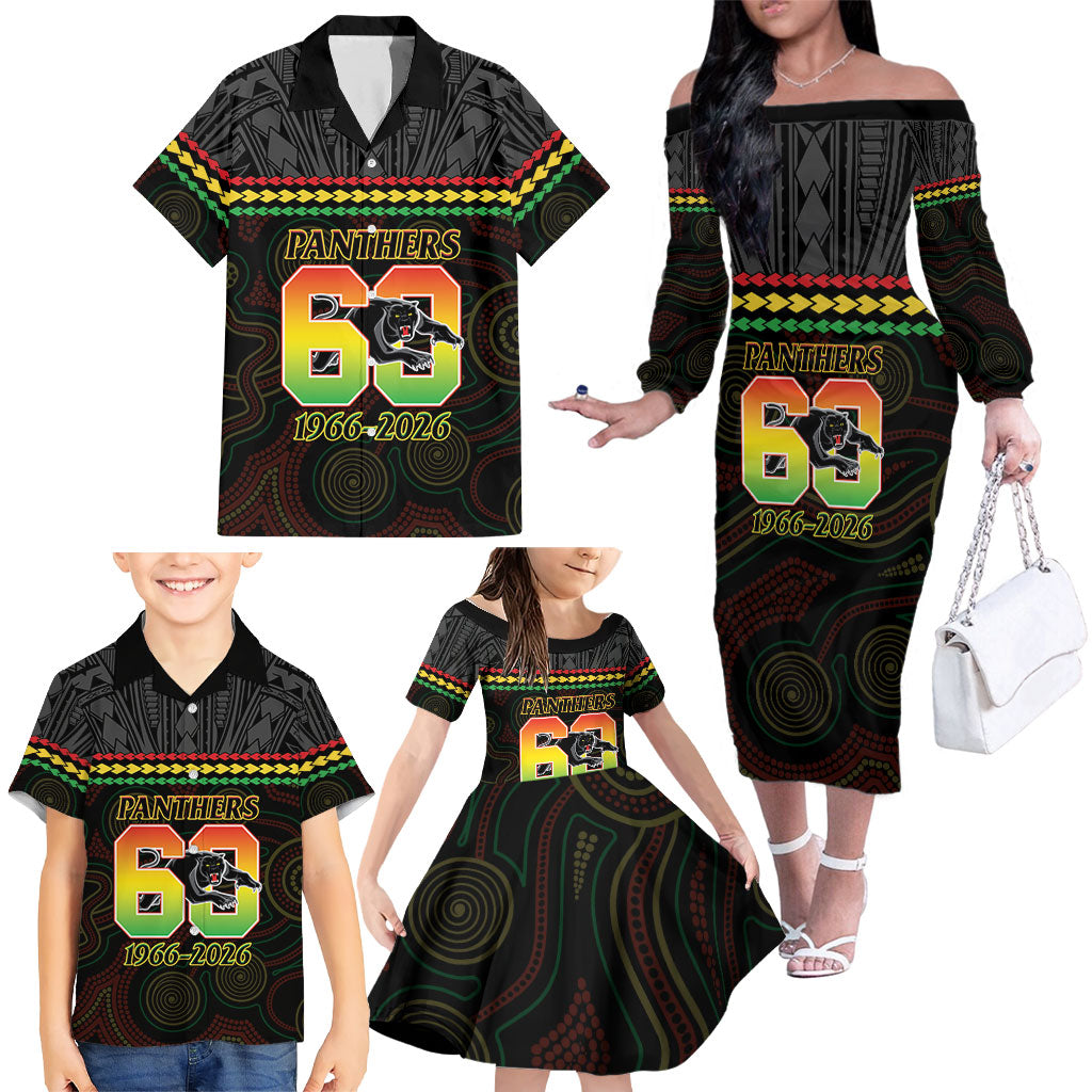 Penrith Panthers Rugby Custom Family Matching Off The Shoulder Long Sleeve Dress and Hawaiian Shirt 60 Years Anniversary Black Polynesian Aboriginal Art