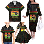 Penrith Panthers Rugby Custom Family Matching Off The Shoulder Long Sleeve Dress and Hawaiian Shirt 60 Years Anniversary Black Polynesian Aboriginal Art