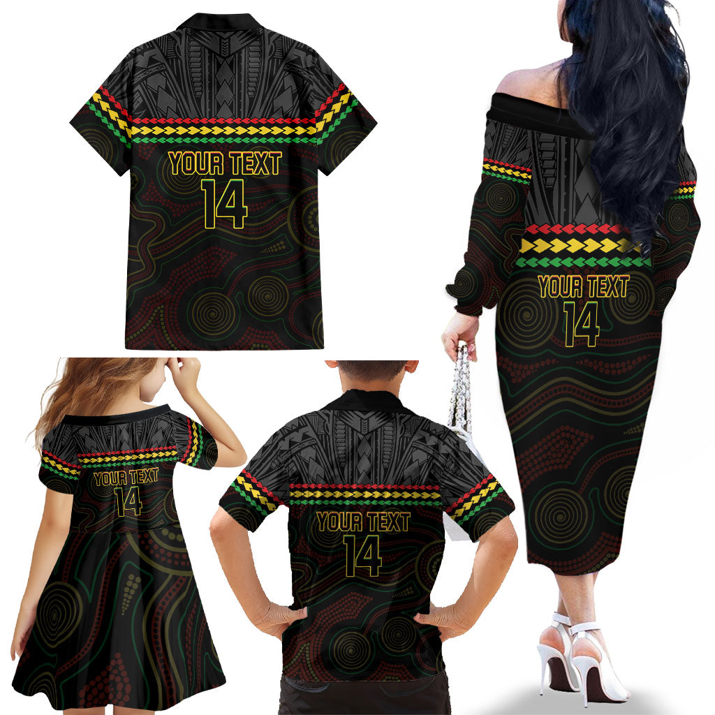 Penrith Panthers Rugby Custom Family Matching Off The Shoulder Long Sleeve Dress and Hawaiian Shirt 60 Years Anniversary Black Polynesian Aboriginal Art