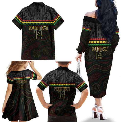 Penrith Panthers Rugby Custom Family Matching Off The Shoulder Long Sleeve Dress and Hawaiian Shirt 60 Years Anniversary Black Polynesian Aboriginal Art