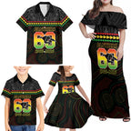 Penrith Panthers Rugby Custom Family Matching Off Shoulder Maxi Dress and Hawaiian Shirt 60 Years Anniversary Black Polynesian Aboriginal Art