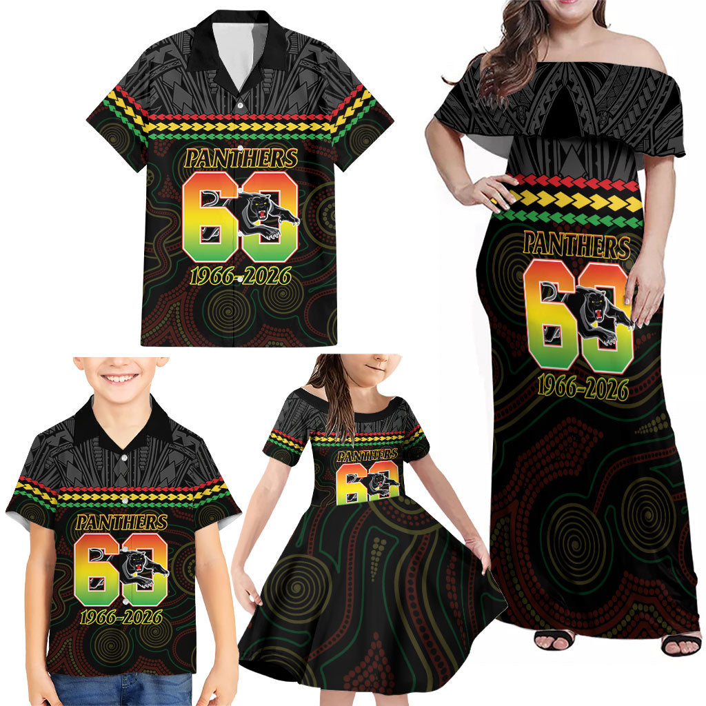 Penrith Panthers Rugby Custom Family Matching Off Shoulder Maxi Dress and Hawaiian Shirt 60 Years Anniversary Black Polynesian Aboriginal Art