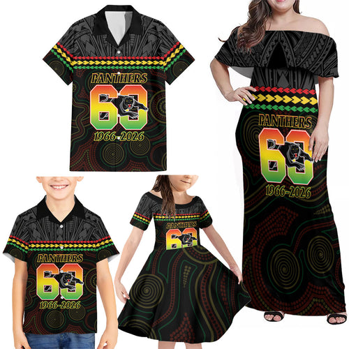 Penrith Panthers Rugby Custom Family Matching Off Shoulder Maxi Dress and Hawaiian Shirt 60 Years Anniversary Black Polynesian Aboriginal Art
