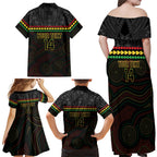 Penrith Panthers Rugby Custom Family Matching Off Shoulder Maxi Dress and Hawaiian Shirt 60 Years Anniversary Black Polynesian Aboriginal Art