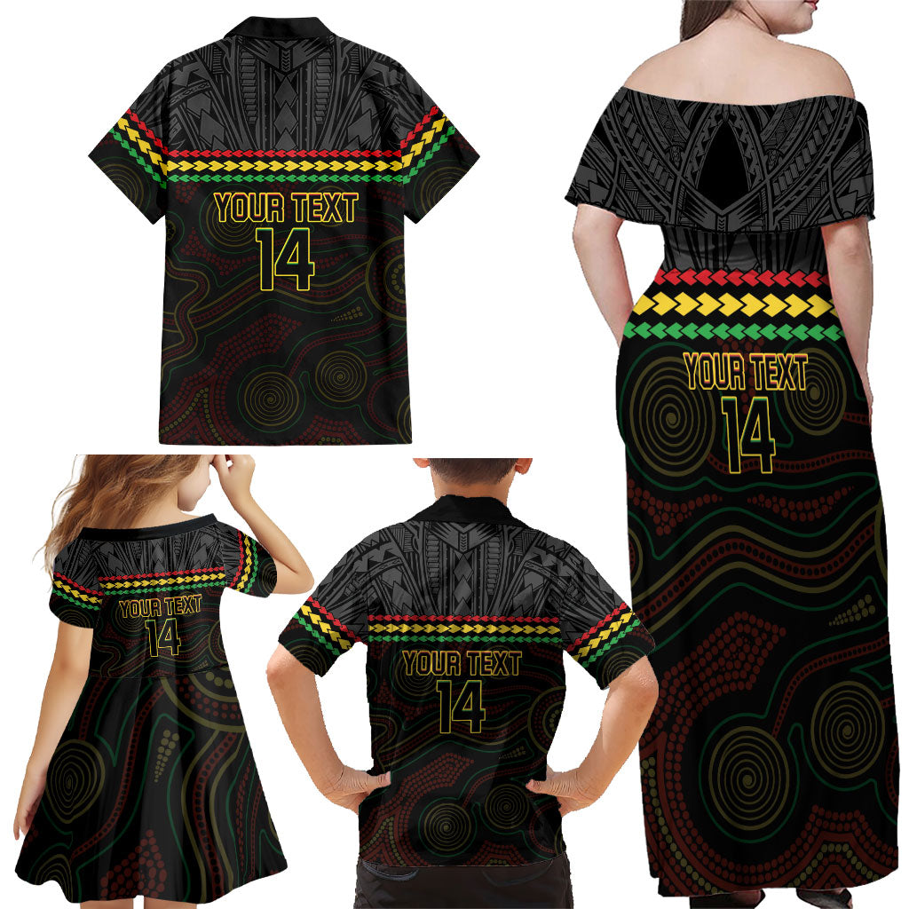 Penrith Panthers Rugby Custom Family Matching Off Shoulder Maxi Dress and Hawaiian Shirt 60 Years Anniversary Black Polynesian Aboriginal Art