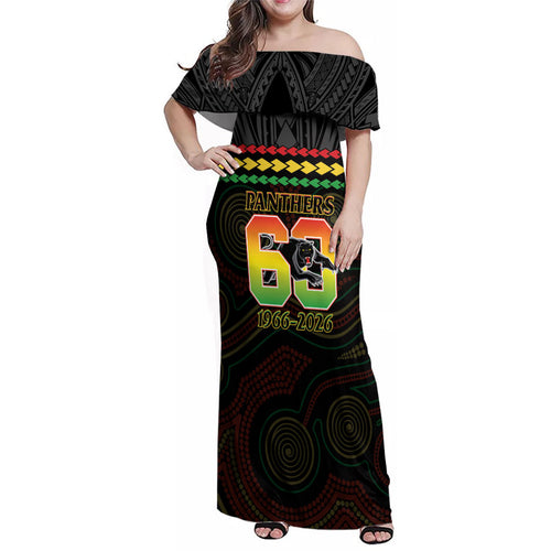 Penrith Panthers Rugby Custom Family Matching Off Shoulder Maxi Dress and Hawaiian Shirt 60 Years Anniversary Black Polynesian Aboriginal Art