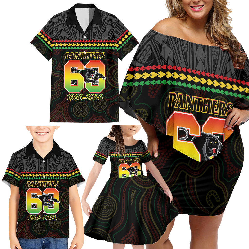 Penrith Panthers Rugby Custom Family Matching Off Shoulder Short Dress and Hawaiian Shirt 60 Years Anniversary Black Polynesian Aboriginal Art