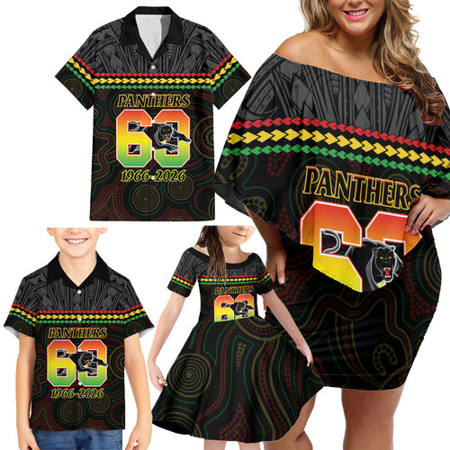 Penrith Panthers Rugby Custom Family Matching Off Shoulder Short Dress and Hawaiian Shirt 60 Years Anniversary Black Polynesian Aboriginal Art
