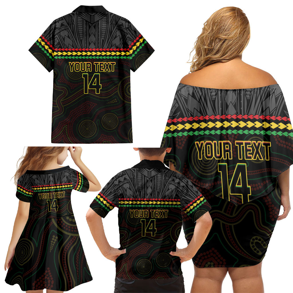 Penrith Panthers Rugby Custom Family Matching Off Shoulder Short Dress and Hawaiian Shirt 60 Years Anniversary Black Polynesian Aboriginal Art