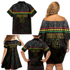 Penrith Panthers Rugby Custom Family Matching Off Shoulder Short Dress and Hawaiian Shirt 60 Years Anniversary Black Polynesian Aboriginal Art