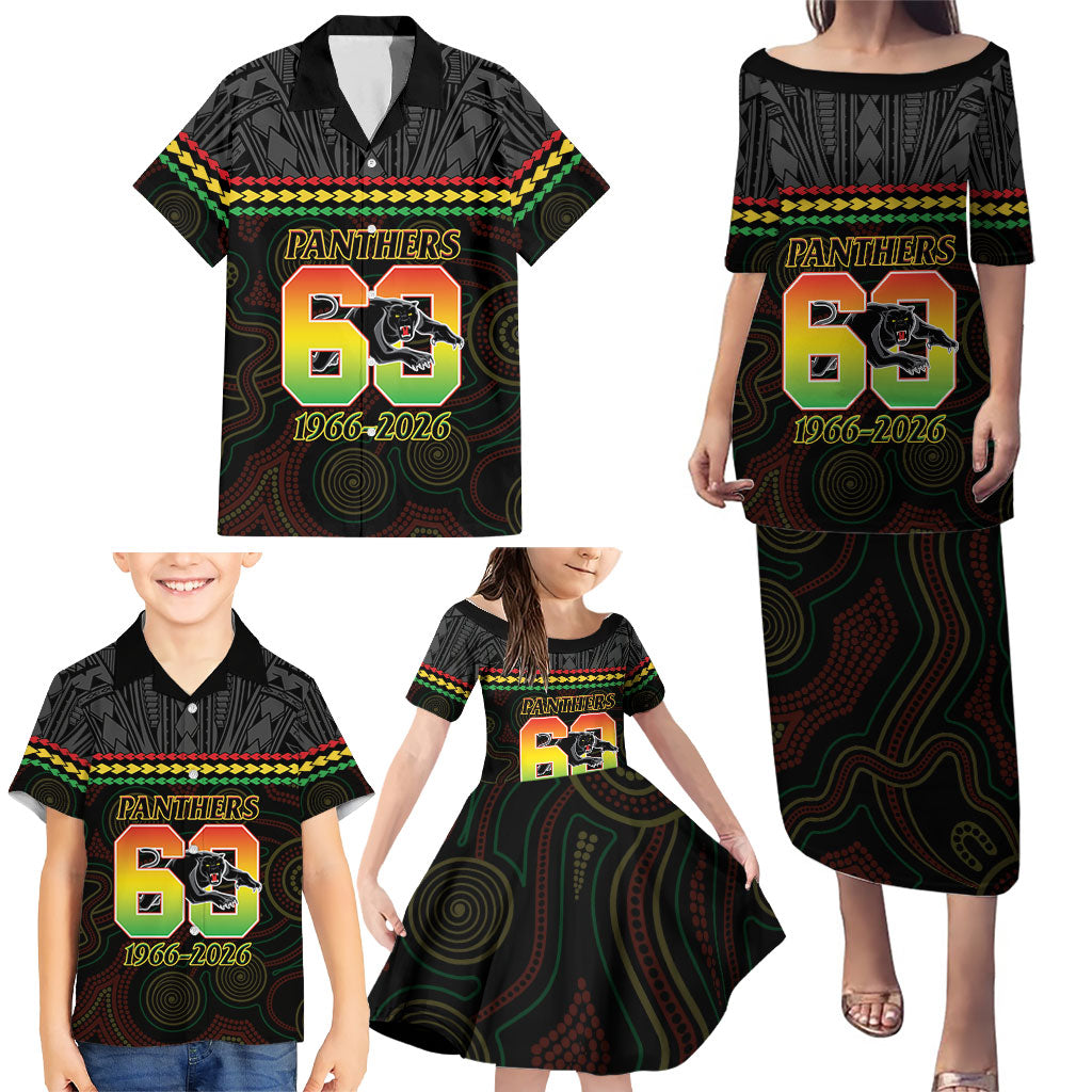 Penrith Panthers Rugby Custom Family Matching Puletasi and Hawaiian Shirt 60 Years Anniversary Black Polynesian Aboriginal Art