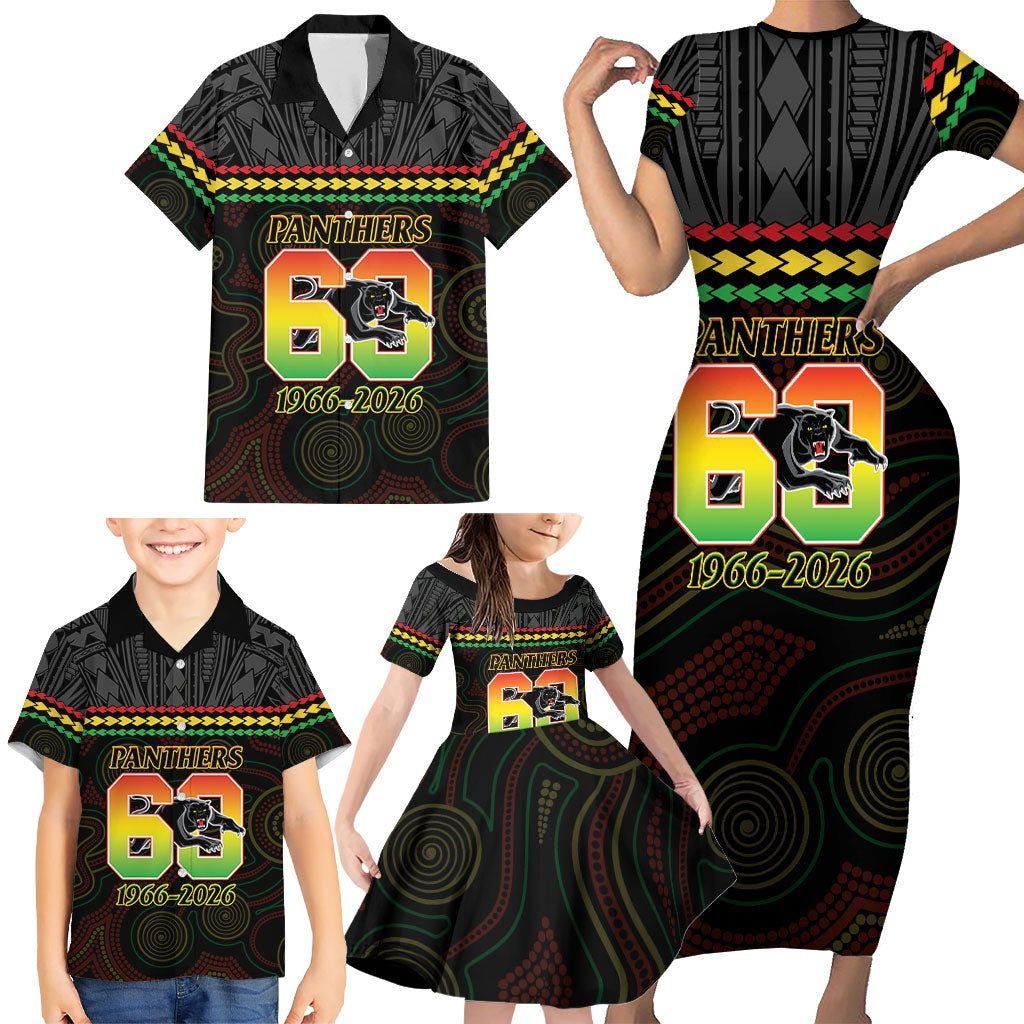 Penrith Panthers Rugby Custom Family Matching Short Sleeve Bodycon Dress and Hawaiian Shirt 60 Years Anniversary Black Polynesian Aboriginal Art