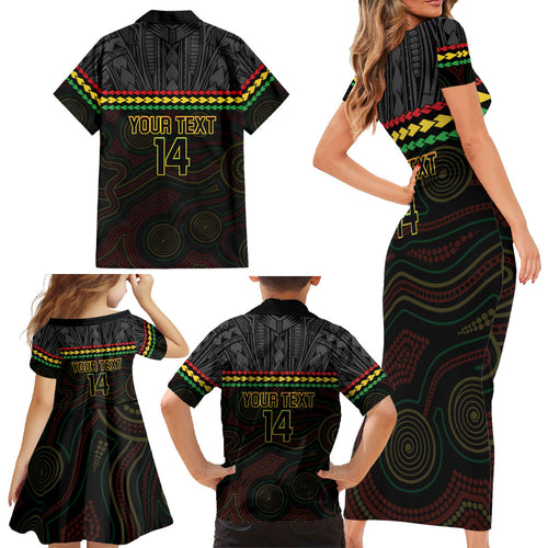 Penrith Panthers Rugby Custom Family Matching Short Sleeve Bodycon Dress and Hawaiian Shirt 60 Years Anniversary Black Polynesian Aboriginal Art