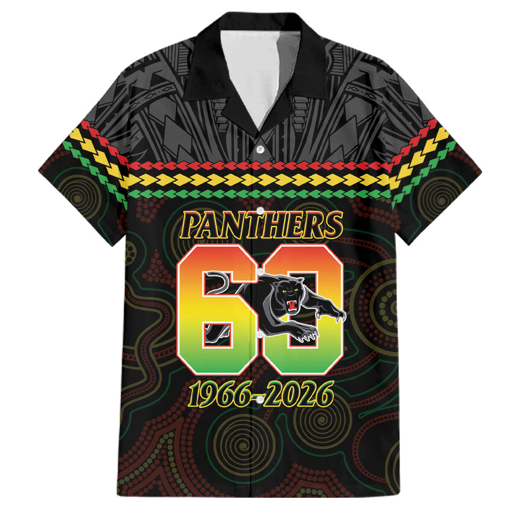 Penrith Panthers Rugby Custom Family Matching Short Sleeve Bodycon Dress and Hawaiian Shirt 60 Years Anniversary Black Polynesian Aboriginal Art