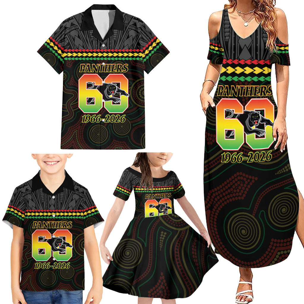 Penrith Panthers Rugby Custom Family Matching Summer Maxi Dress and Hawaiian Shirt 60 Years Anniversary Black Polynesian Aboriginal Art