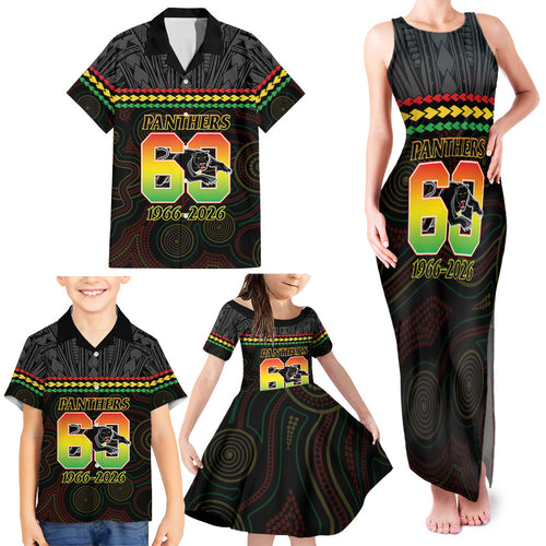 Penrith Panthers Rugby Custom Family Matching Tank Maxi Dress and Hawaiian Shirt 60 Years Anniversary Black Polynesian Aboriginal Art